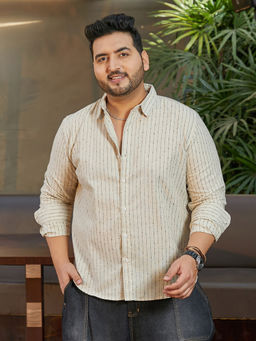 Instafab Plus - Men's Canvas Beige Chalk-Striped Shirt