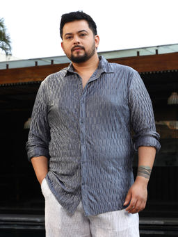 Instafab Plus - Men's Slate Blue Ruche-Pleated Shirt