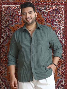 Instafab Plus - Men's Emerald Green Pinstripe-Tactile Shirt