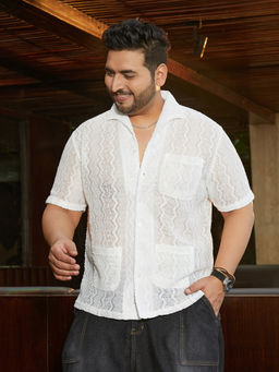 Instafab Plus - Men's Daisy White Swirl Open-Knit Shirt