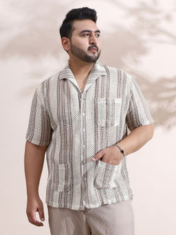 Instafab Plus - Men's Off White Striped Open-Knit Relaxed Shirt