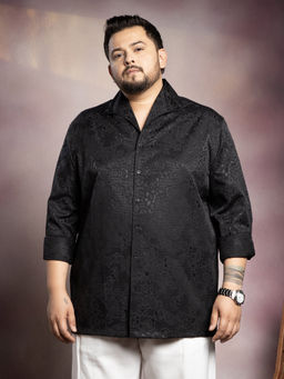 Instafab Plus - Men's Onyx Black Floral Self-Woven Shirt