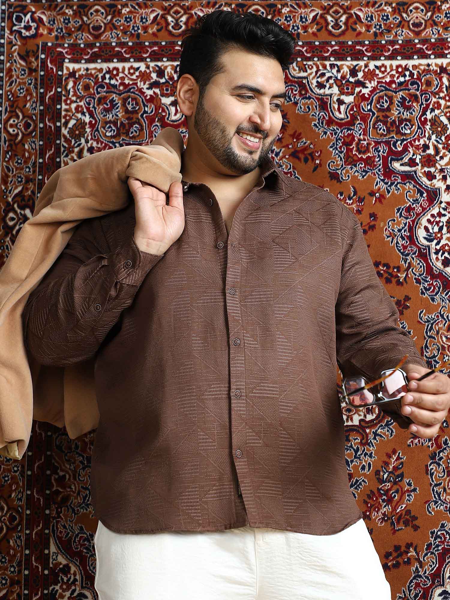 Buy Instafab Plus Men'S Chocolate Brown Overlap-Weave Shirt (3XL