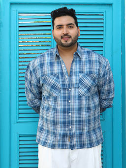 Instafab Plus - Men's Steel Blue Tartan Plaid Shirt