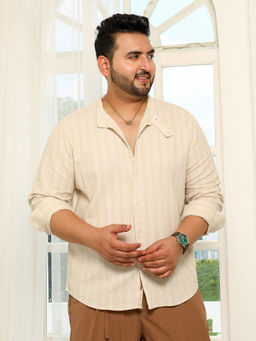 Instafab Plus - Men's Saltbox Beige Striped Extended-Band Collar Shirt