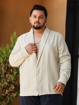 Instafab Plus - Men's Light Beige Solid Shawl Collar Relaxed Shirt
