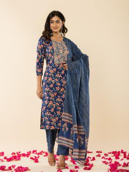 Yufta - Blue Cotton Dori_Embroidery Straight Kurta Dupatta Pant (Set of 3)