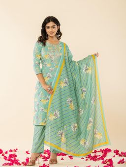 Yufta - Sea Green Cotton Dori_Embroidery Straight Kurta Dupatta Pant (Set of 3)