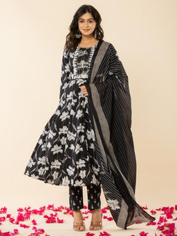 Yufta - Black Cotton Sequins_Work Anarkali Kurta Dupatta Pant (Set of 3)