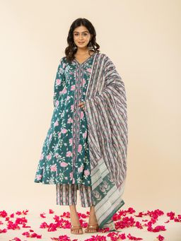 Yufta - Cotton Green Sequins_Work Anarkali Kurta Dupatta (Set of 3)