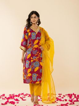 Yufta - Cotton Burgundy Kurta Pant Dupatta (Set of 3)