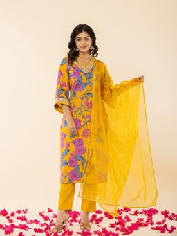 Yufta - Cotton Mustard Kurta Pant Dupatta (Set of 3)