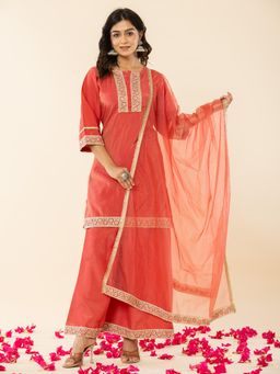 Yufta - Silk Kurta Dupatta with Flared Bottom and Embroidery (Set of 3)