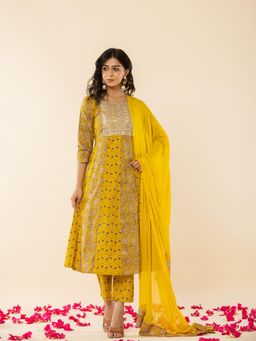 Yufta - Mustard Cotton Embroidered Anarkali Kurta Dupatta (Set of 3)