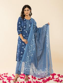 Yufta - Blue Cotton Sequins_Work Straight Kurta Dupatta (Set of 3)