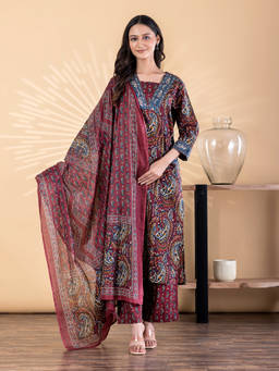 Readiprint - Maroon Printed V-Neck Regular Kurta Pant with Dupatta