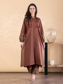 Readiprint - Brown Embroidered Collar Neck Regular Kurta with Pant
