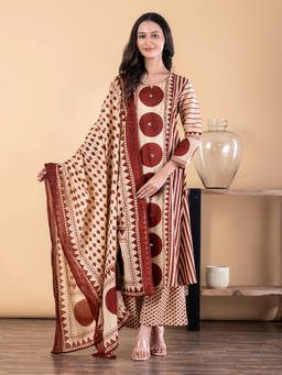 Readiprint - Brown Printed Round Neck Regular Kurta Pant with Dupatta