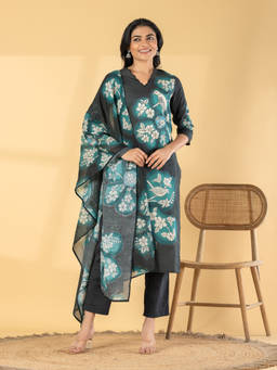 Readiprint - Black Floral V-Neck Regular Kurta Pant with Dupatta