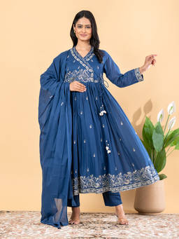 Readiprint - Blue Embroidered V-Neck Regular Anarkali Kurta Pant with Dupatta
