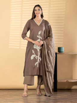 Readiprint - Brown Embroidered V-Neck Regular Kurta Pant with Dupatta
