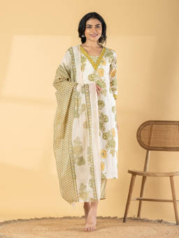 Readiprint - Yellow Floral V-Neck Regular Kurta Pant with Dupatta