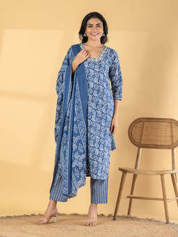 Readiprint - Blue Printed V-Neck Regular Kurta Pant with Dupatta