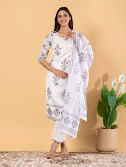 Readiprint - Off White Floral Round Neck Regular Kurta Pant with Dupatta
