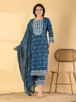 Readiprint - Blue Floral Round Neck Regular Kurta Pant with Dupatta