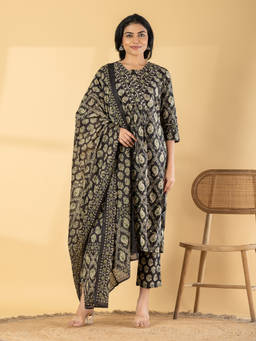 Readiprint - Black Paisley V-Neck Regular Kurta Pant with Dupatta