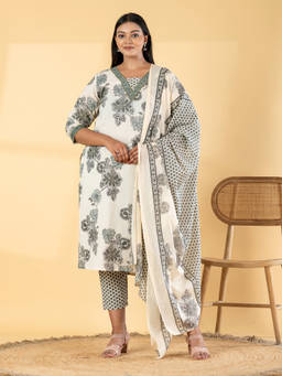 Readiprint - Grey Floral V-Neck Regular Kurta Pant with Dupatta