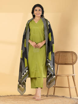 Readiprint - Green Embroidered V-Neck Regular Kurta Pant with Dupatta