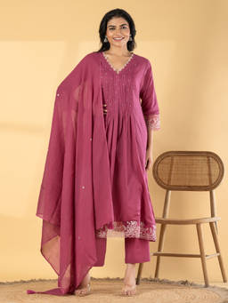 Readiprint - Pink Embroidered V-Neck Regular Kurta Pant with Dupatta