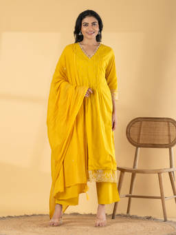 Readiprint - Yellow Embroidered V-Neck Regular Kurta Pant with Dupatta