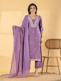 Readiprint - Lavender Embroidered V-Neck Regular Kurta Pant with Dupatta