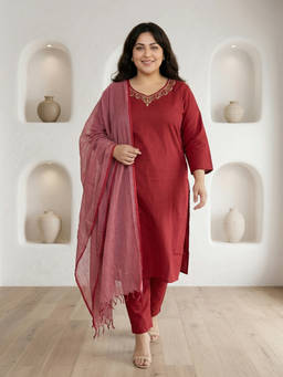 Readiprint - Maroon Solid/Plain Round Neck Regular Kurta Pant with Dupatta