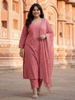 Readiprint - Pink V-Neck Regular Kurta Pant with Dupatta