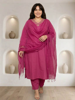 Readiprint - Pink Solid/Plain V-Neck Regular Kurta Pant with Dupatta