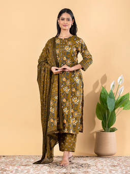 Readiprint - Green Floral Round Neck Regular Kurta Pant with Dupatta