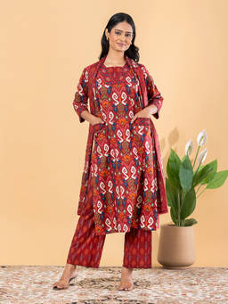 Readiprint - Red Floral V-Neck Regular Kurta Pant with Dupatta