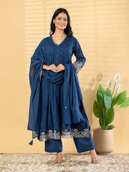 Readiprint - Blue Embroidered V-Neck Regular Anarkali Kurta Pant with Dupatta