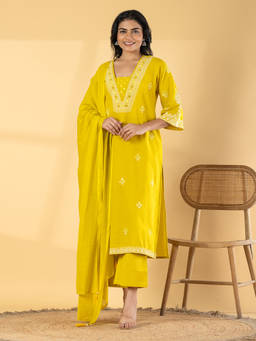 Readiprint - Yellow Embroidered V-Neck Regular Kurta Pant with Dupatta