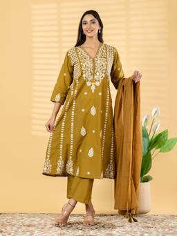 Readiprint - Mustard Embroidered V-Neck Regular Anarkali Kurta Pant with Dupatta