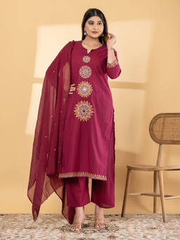 Readiprint - Maroon Embroidered Round Neck Regular Kurta Pant with Dupatta