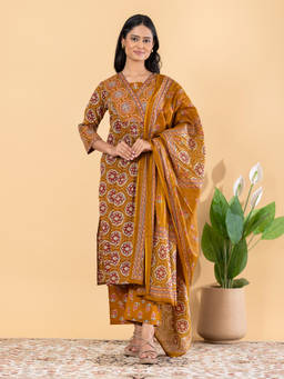 Readiprint - Mustard Floral V-Neck Regular Kurta Pant with Dupatta