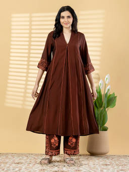 Readiprint - Brown Embroidered V-Neck Regular Anarkali Kurta with Pant