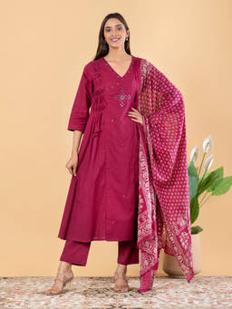 Readiprint - Pink Solid/Plain V-Neck Regular Anarkali Kurta Pant with Dupatta