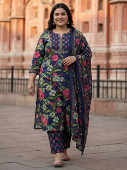 Readiprint - Blue Floral Round Neck Regular Kurta Pant with Dupatta