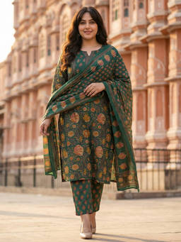 Readiprint - Green Floral Round Neck Regular Kurta Pant with Dupatta