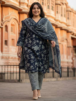 Readiprint - Blue Floral V-Neck Regular Kurta Pant with Dupatta